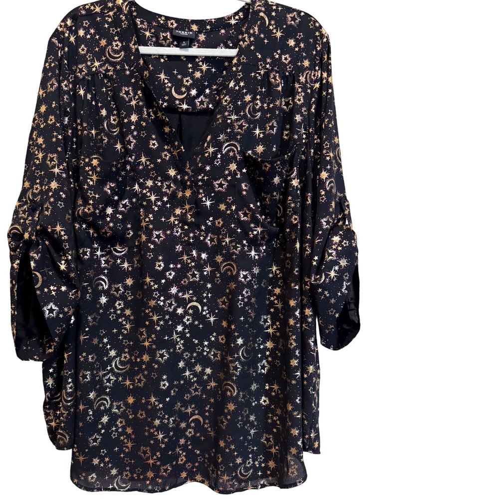 Torrid Harper Blouse Womens 5 5X Black Gold Silver Foil Celestial Moon Star Top - Picture 1 of 8